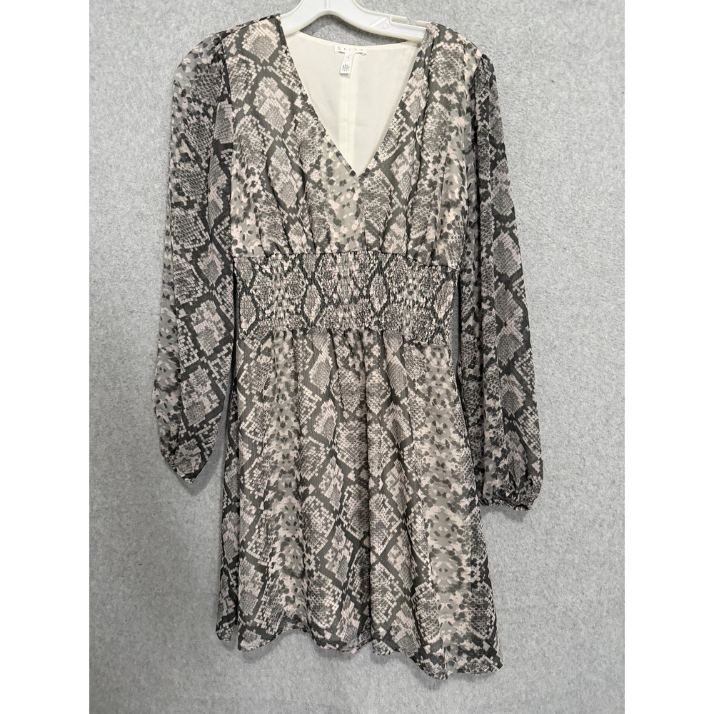 Leith Dress Womens S Gray Snake‎ Print V Neck Smocked Waist Chiffon Long Sleeve